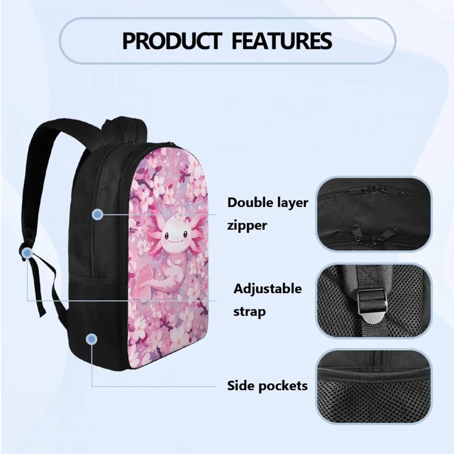 Axolotl 3 Piece Kids School Bookbag Set for Age 3-9 Toddler Kindergarten Elementary Backpack with Lunch Bag and Pencil Box for Girls Cute School Bag