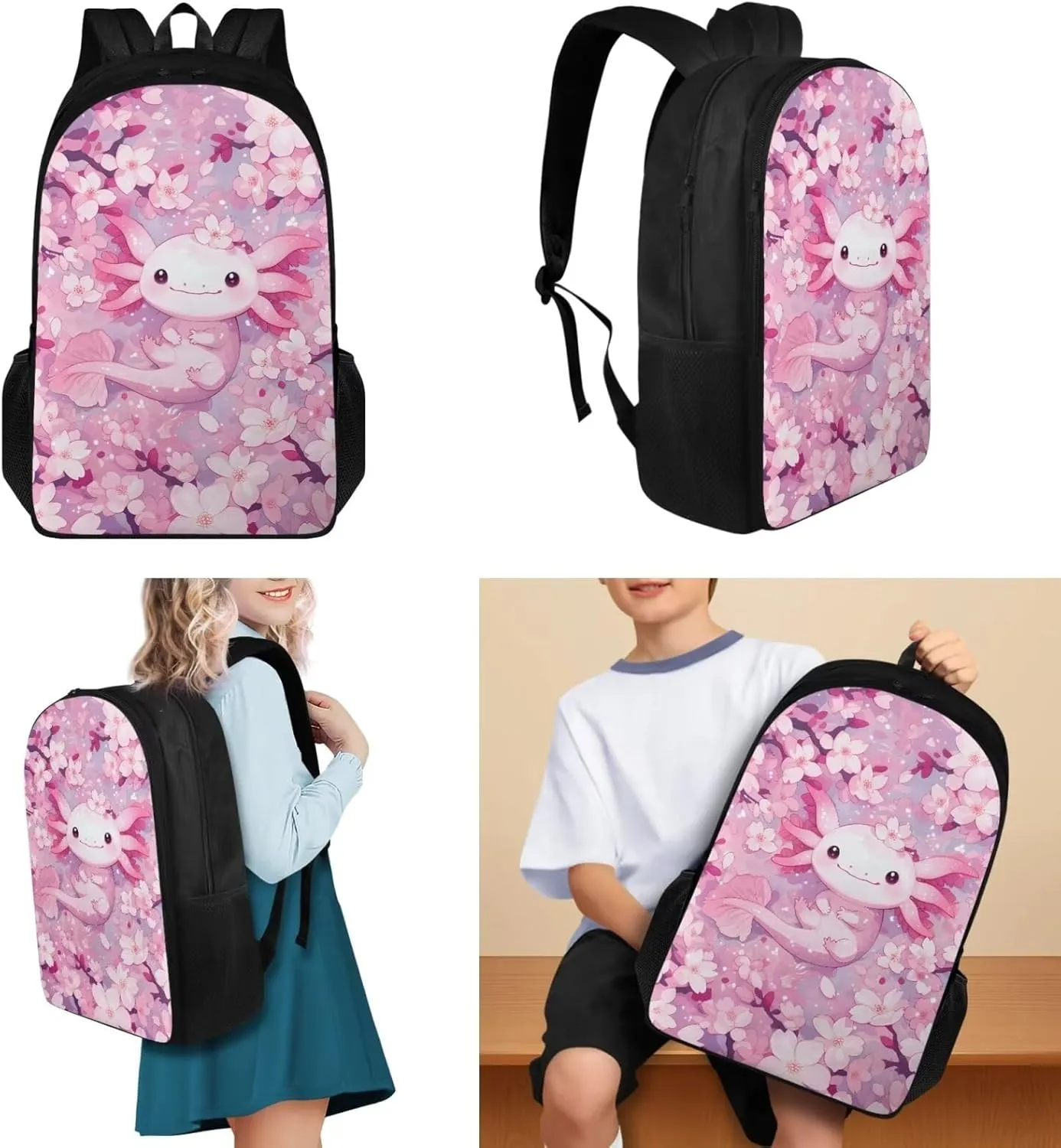 Axolotl 3 Piece Kids School Bookbag Set for Age 3-9 Toddler Kindergarten Elementary Backpack with Lunch Bag and Pencil Box for Girls Cute School Bag