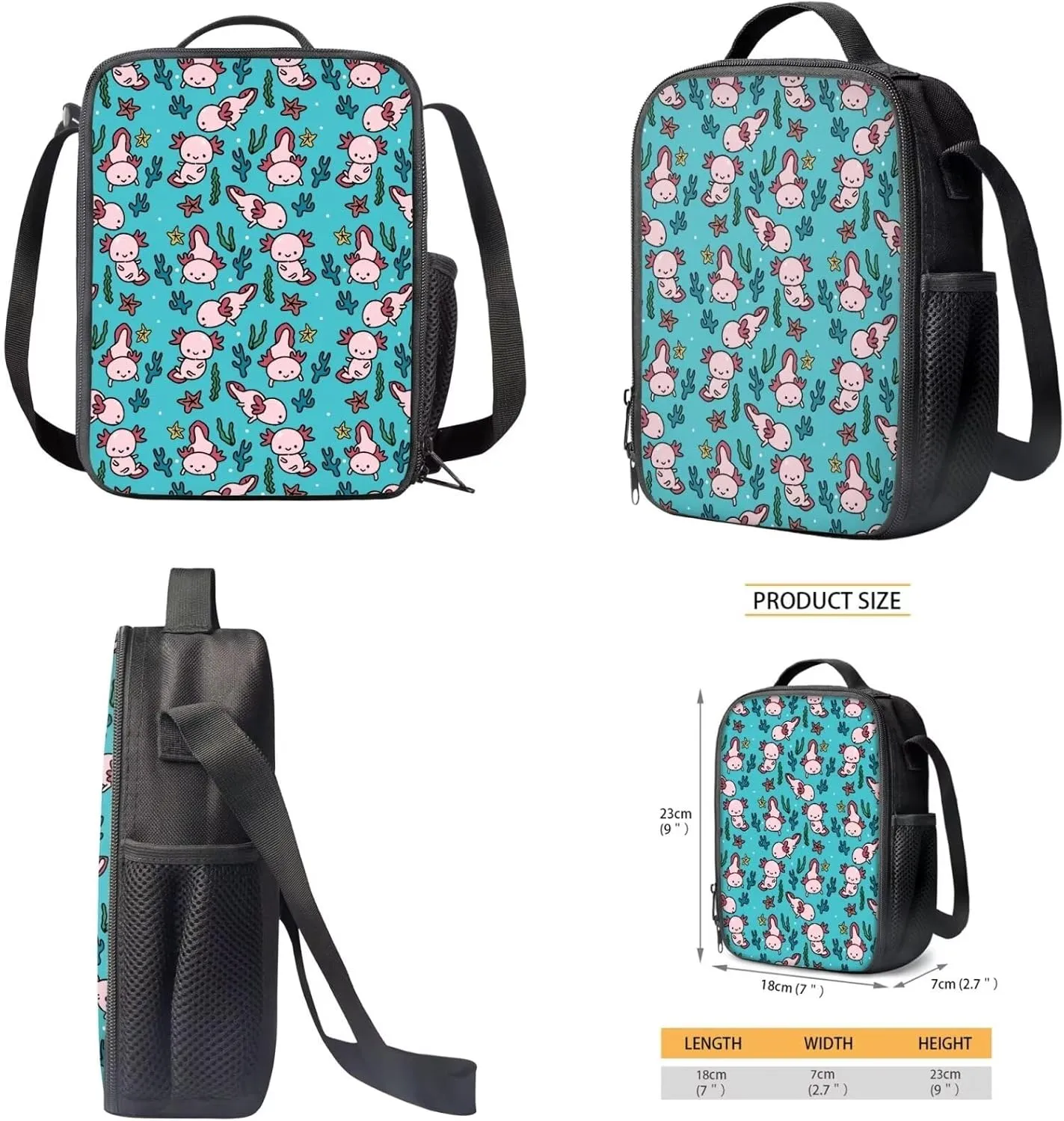 Axolotl Print School Backpack for Girls 10-12 Aesthetic Cute Casual School Bag for Teens Kids School Supplies Set 3 Pcs Bookbag Set for Primary Kindergarten Elementary Middle School