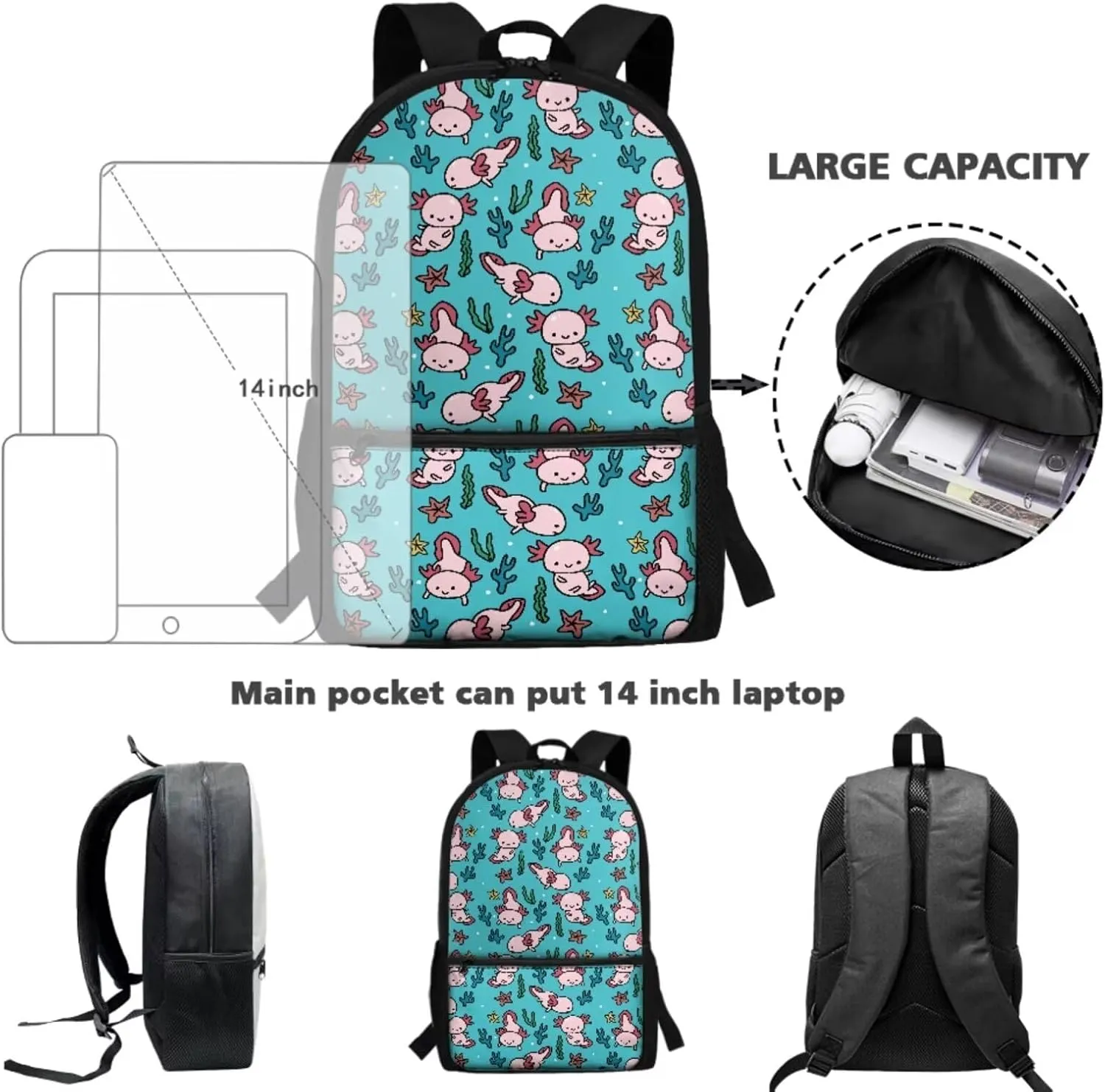 Axolotl Print School Backpack for Girls 10-12 Aesthetic Cute Casual School Bag for Teens Kids School Supplies Set 3 Pcs Bookbag Set for Primary Kindergarten Elementary Middle School