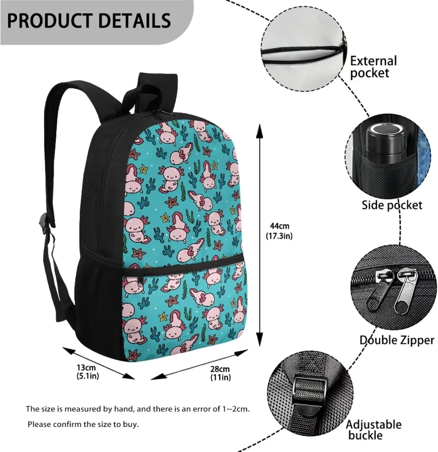 Axolotl Print School Backpack for Girls 10-12 Aesthetic Cute Casual School Bag for Teens Kids School Supplies Set 3 Pcs Bookbag Set for Primary Kindergarten Elementary Middle School