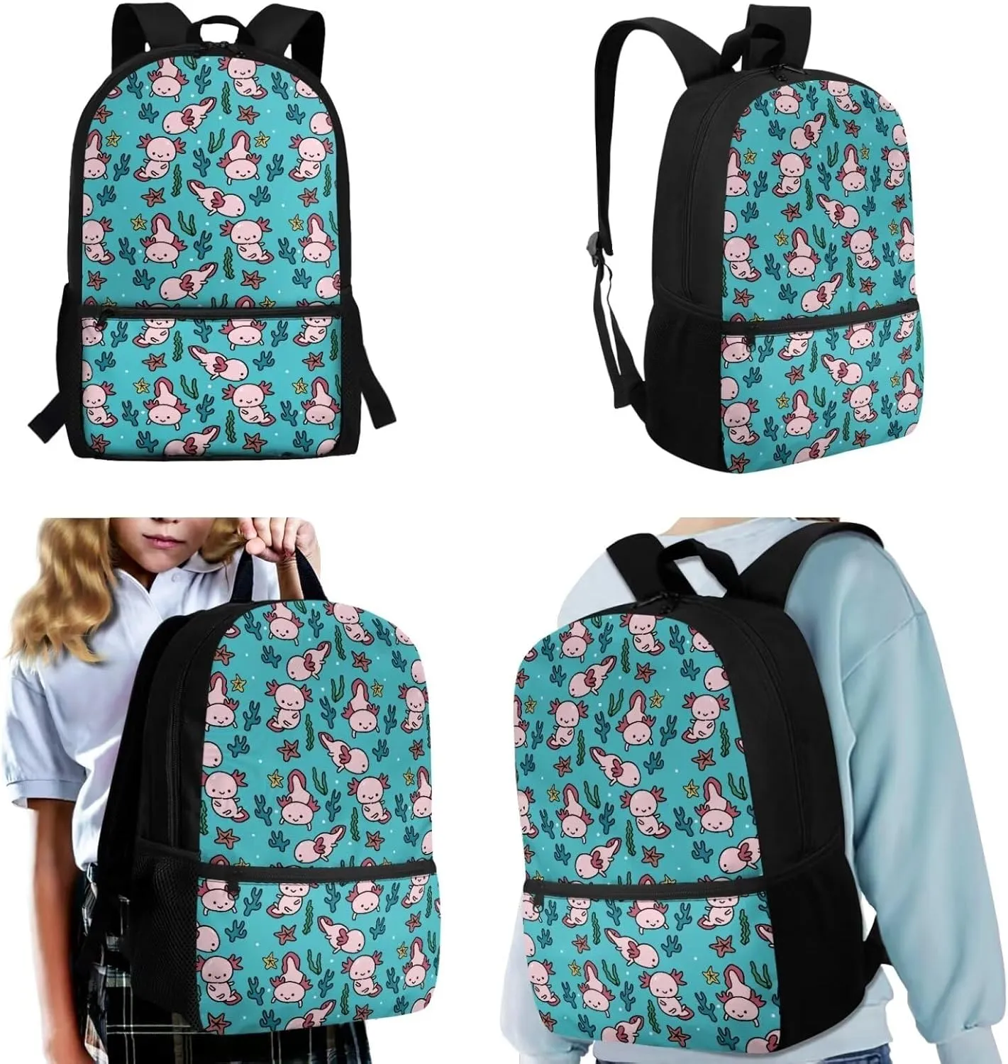 Axolotl Print School Backpack for Girls 10-12 Aesthetic Cute Casual School Bag for Teens Kids School Supplies Set 3 Pcs Bookbag Set for Primary Kindergarten Elementary Middle School