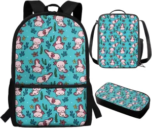 Axolotl Print School Backpack for Girls 10-12 Aesthetic Cute Casual School Bag for Teens Kids School Supplies Set 3 Pcs Bookbag Set for Primary Kindergarten Elementary Middle School
