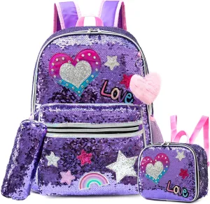 Backpack for Girls 16" Backpacks for Girls for School Sequin Backpack with Lunch Box for Elementary Students