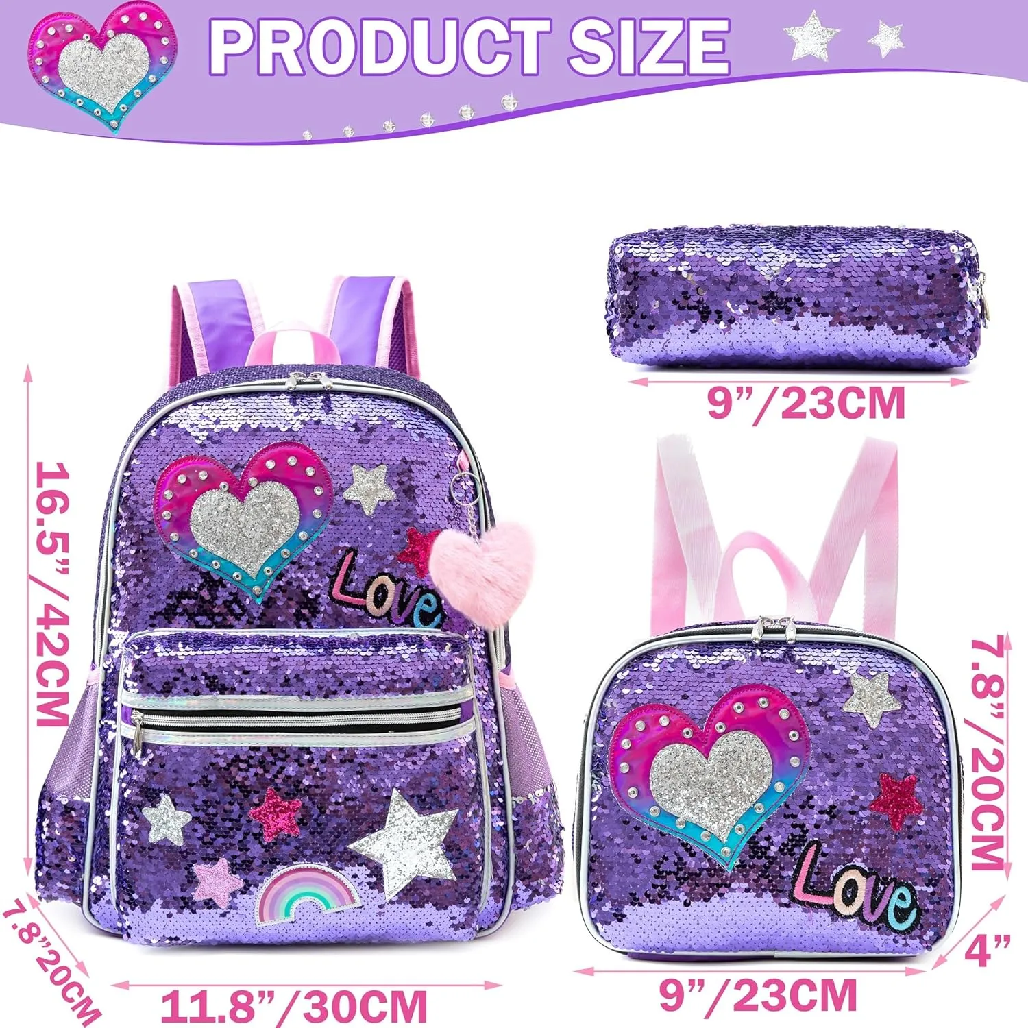 Backpack for Girls 16" Backpacks for Girls for School Sequin Backpack with Lunch Box for Elementary Students