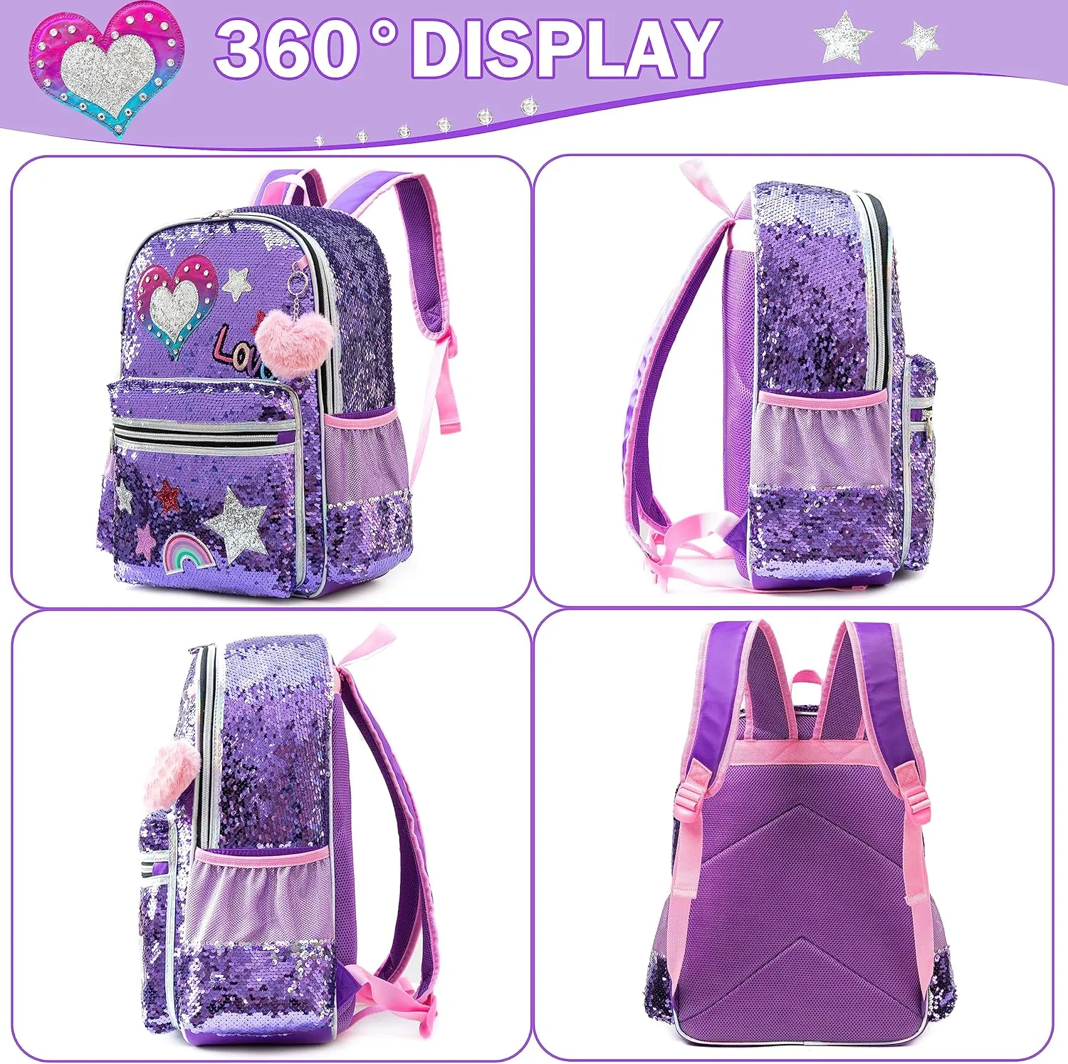 Backpack for Girls 16" Backpacks for Girls for School Sequin Backpack with Lunch Box for Elementary Students