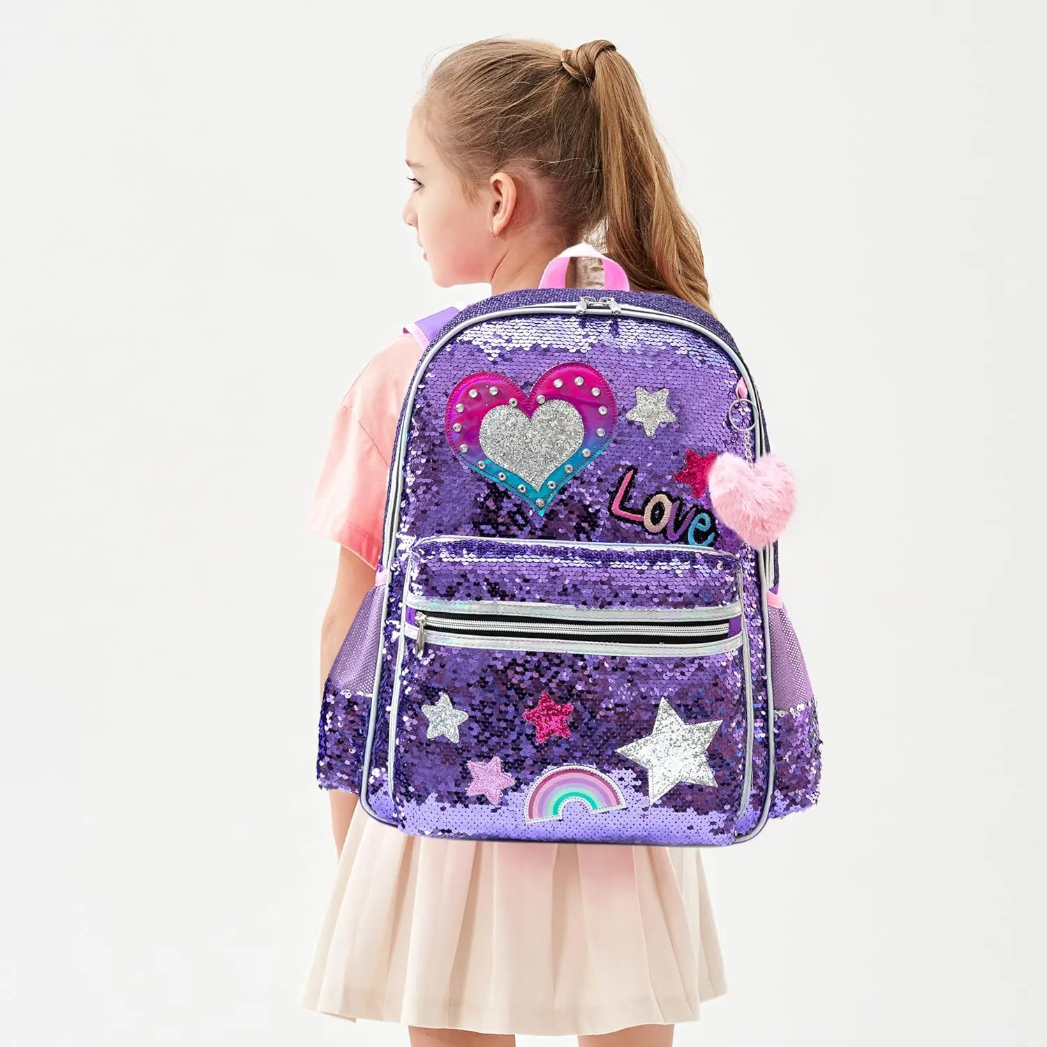 Backpack for Girls 16" Backpacks for Girls for School Sequin Backpack with Lunch Box for Elementary Students