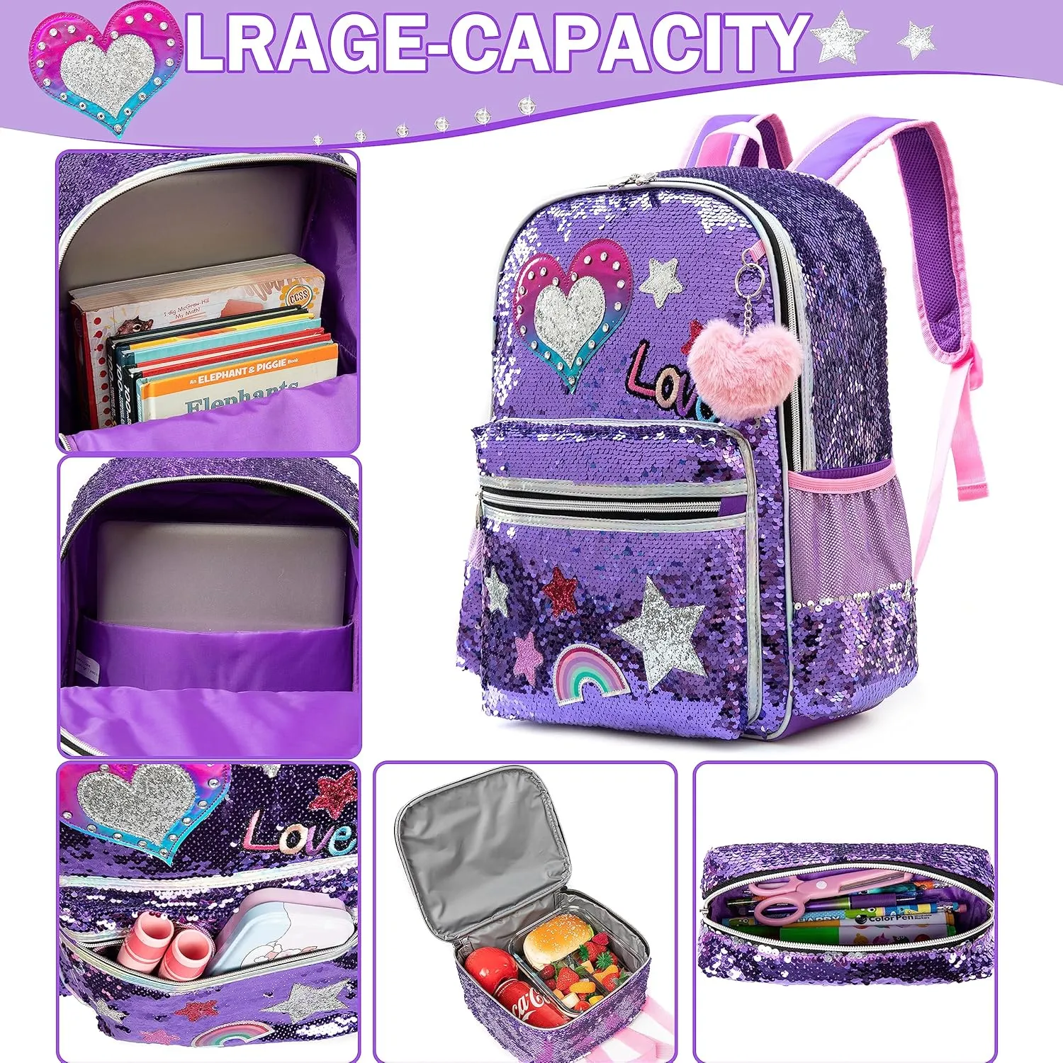 Backpack for Girls 16" Backpacks for Girls for School Sequin Backpack with Lunch Box for Elementary Students