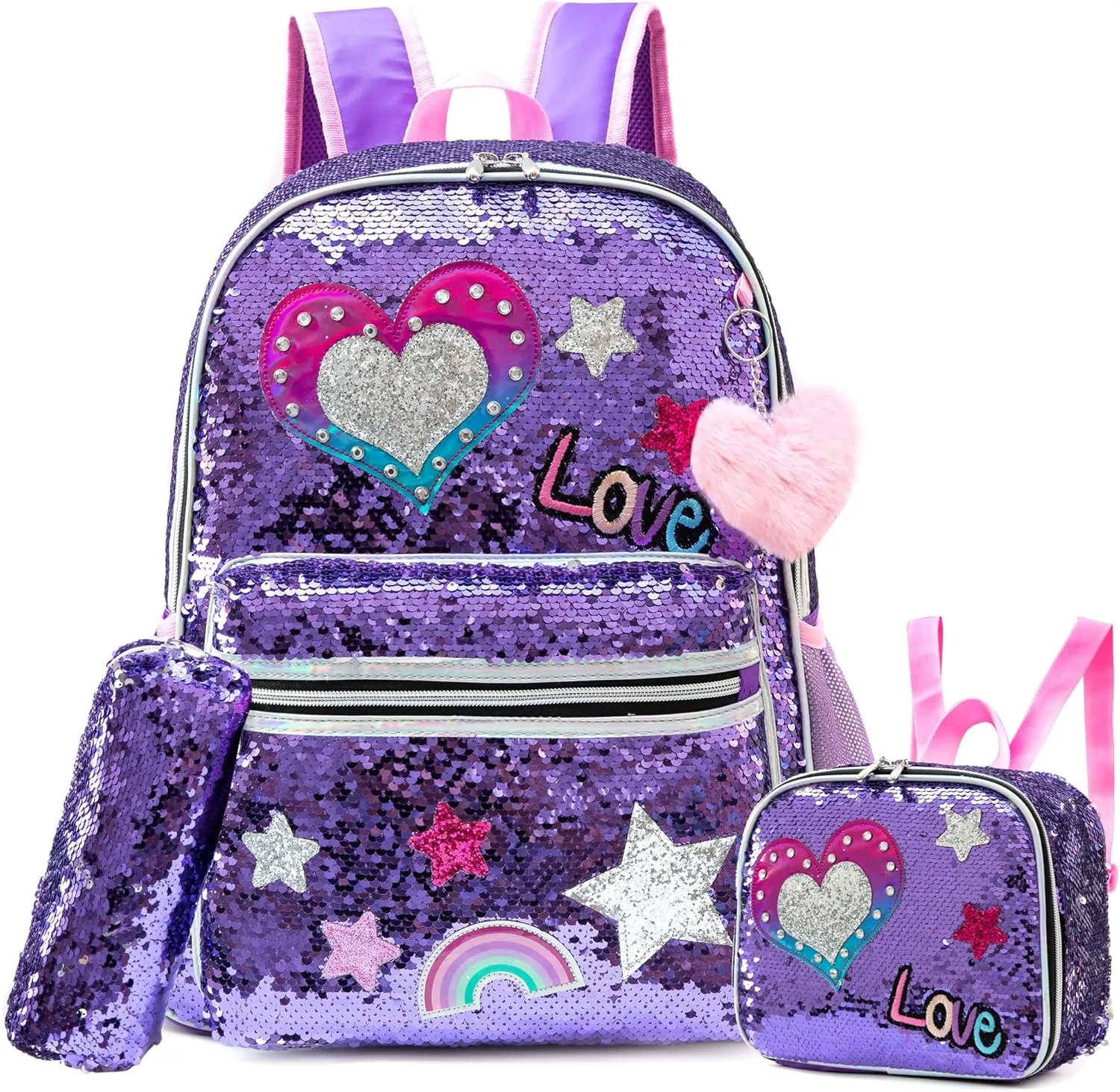 Backpack for Girls 16" Backpacks for Girls for School Sequin Backpack with Lunch Box for Elementary Students