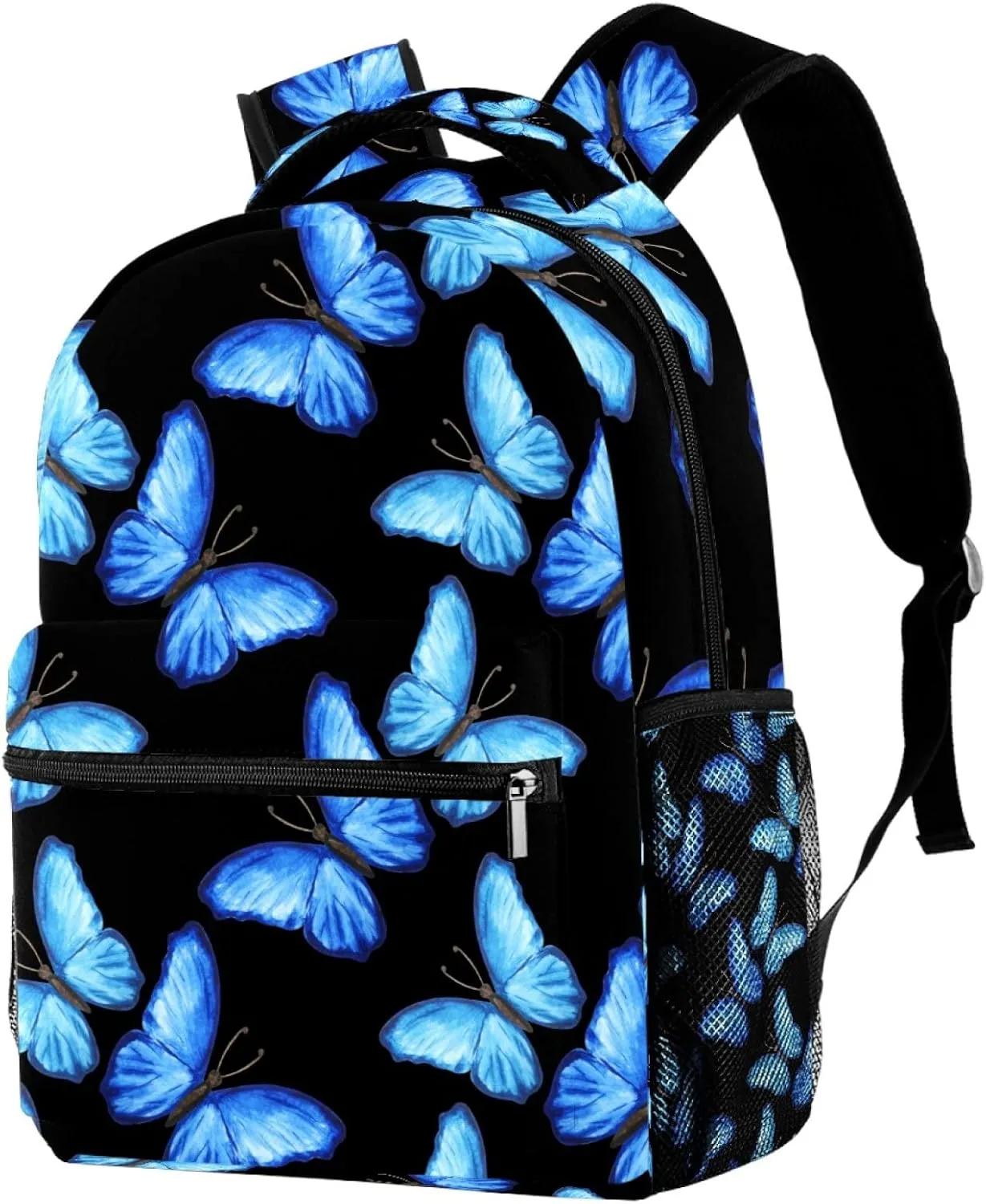 Backpack for Middle School Students Causal Bookbag Travel Work Daypack Blue Butterflies on Black Background