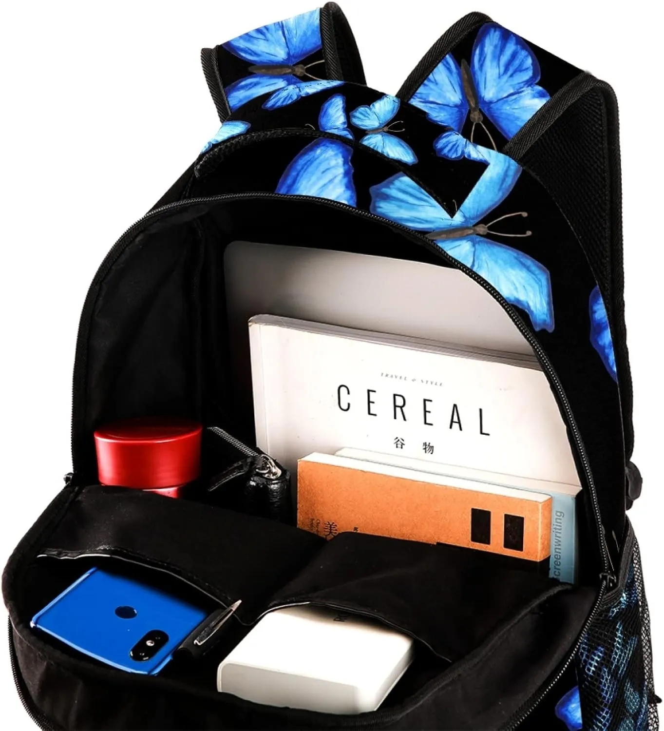 Backpack for Middle School Students Causal Bookbag Travel Work Daypack Blue Butterflies on Black Background
