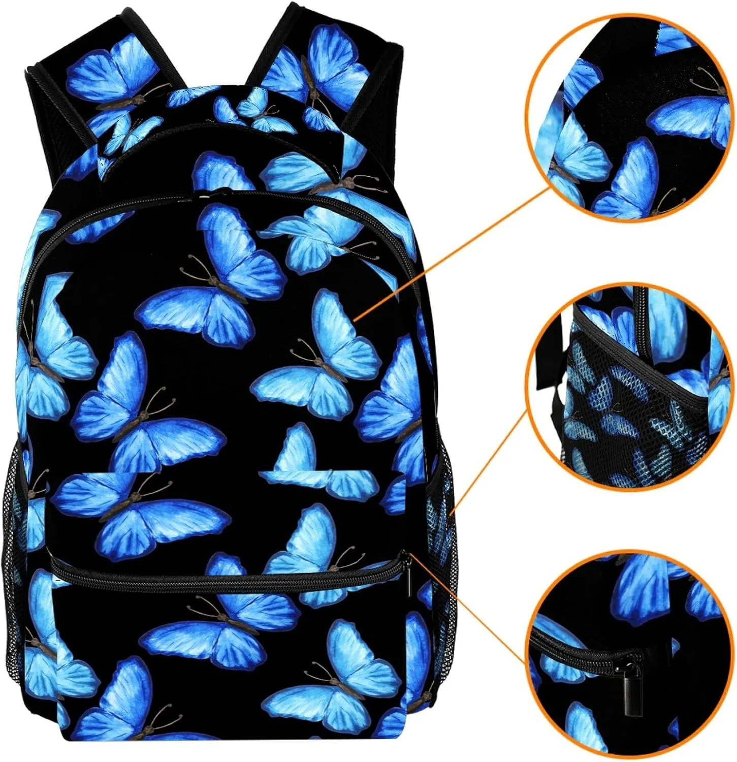 Backpack for Middle School Students Causal Bookbag Travel Work Daypack Blue Butterflies on Black Background