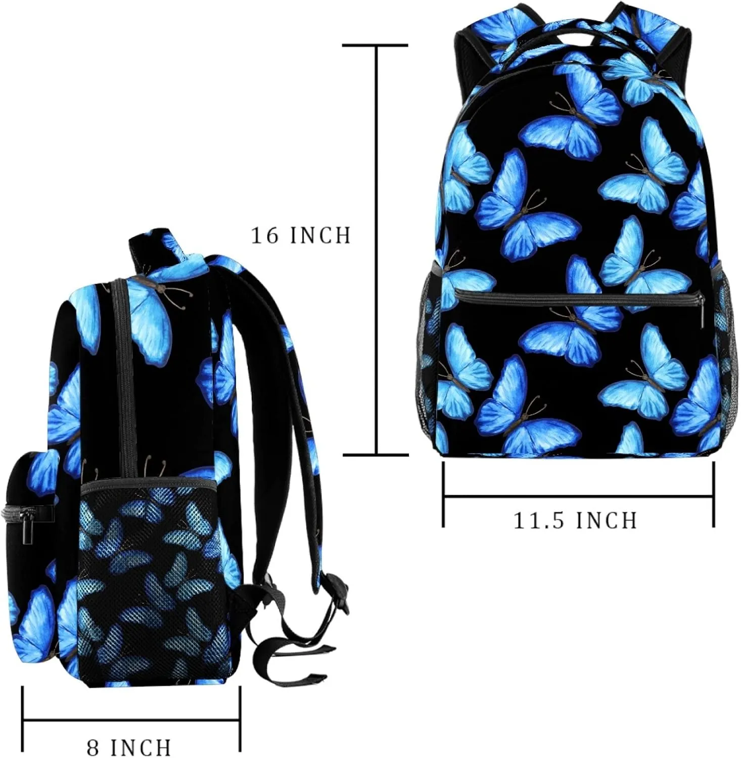 Backpack for Middle School Students Causal Bookbag Travel Work Daypack Blue Butterflies on Black Background