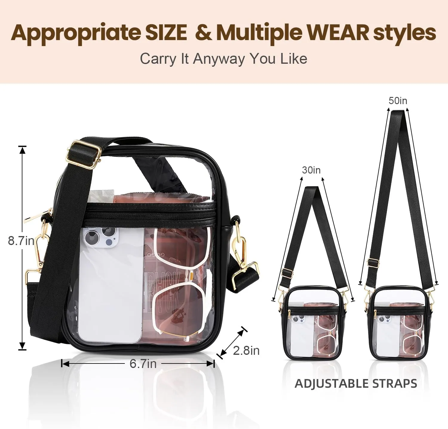 BAGAIL Clear Bag Stadium Approved Crossbody Shoulder Messenger Clear Purse with Adjustable Strap