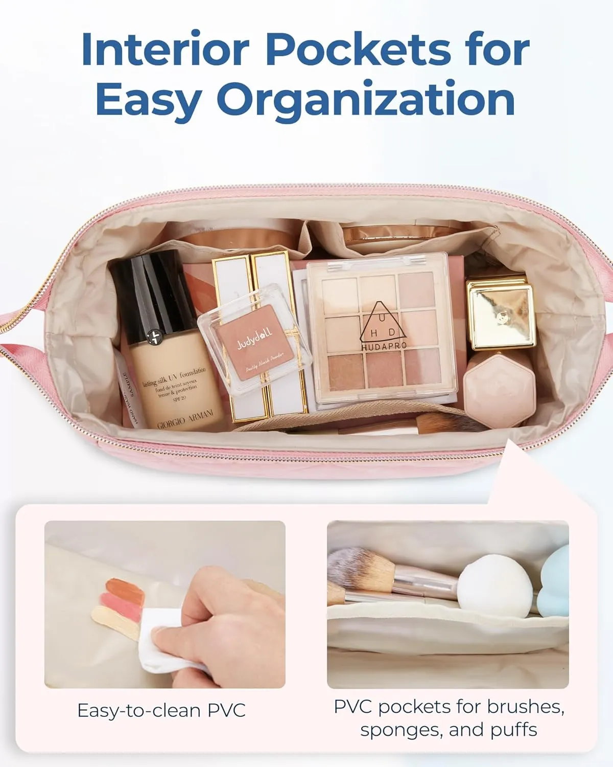 BAGSMART Makeup Bag Travel Cosmetic Bag, Puffy Padded Make Up Bags for Women Makeup Organizer Case, Wide-open Pouch Purse Travel Essentials Toiletries Accessories Brushes, (Beige)