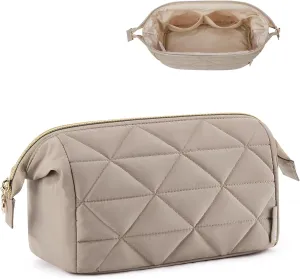 BAGSMART Makeup Bag Travel Cosmetic Bag, Puffy Padded Make Up Bags for Women Makeup Organizer Case, Wide-open Pouch Purse Travel Essentials Toiletries Accessories Brushes (Camel)