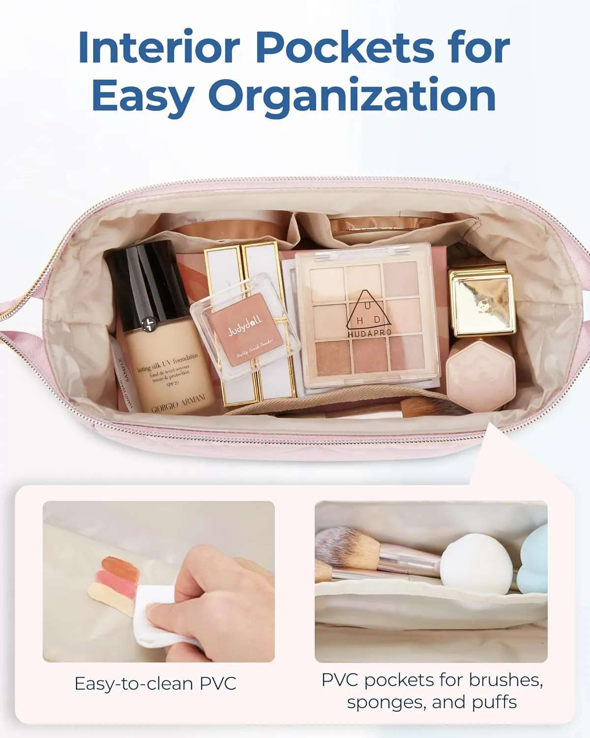BAGSMART Makeup Bag Travel Cosmetic Bag, Puffy Padded Make Up Bags for Women Makeup Organizer Case, Wide-open Pouch Purse Travel Essentials Toiletries Accessories Brushes (Camel)