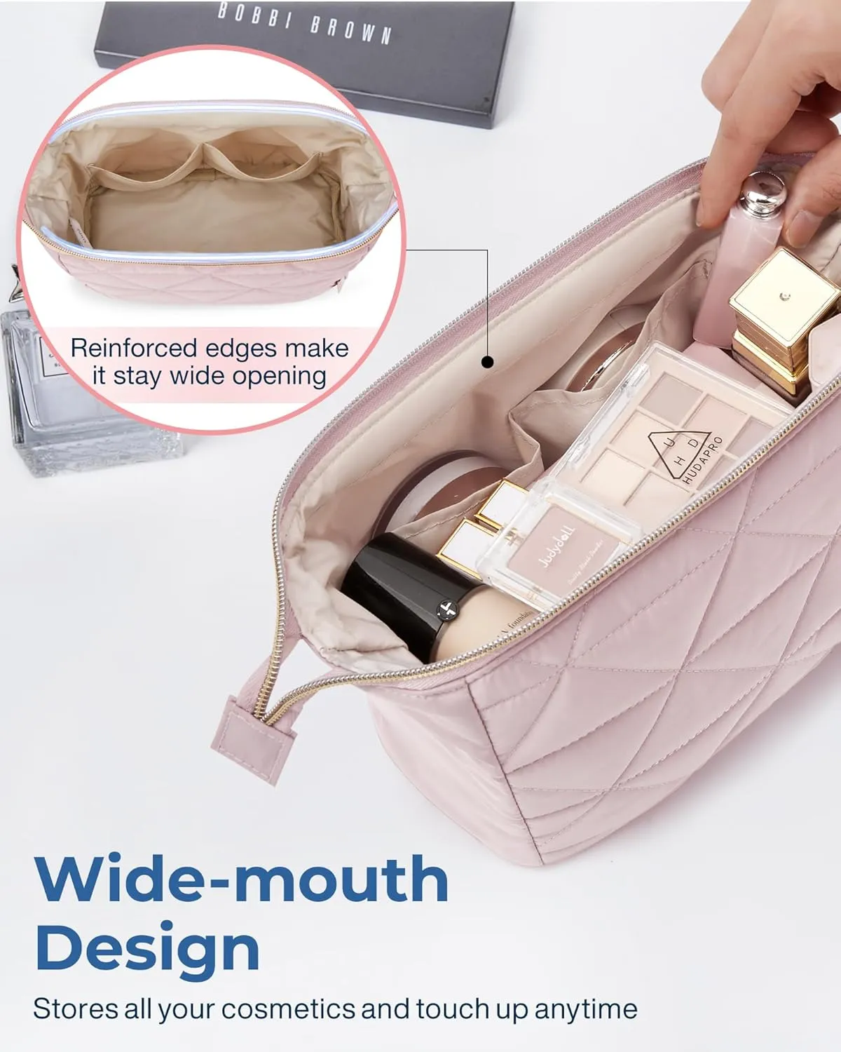 BAGSMART Makeup Bag Travel Cosmetic Bag, Puffy Padded Make Up Bags for Women Makeup Organizer Case, Wide-open Pouch Purse Travel Essentials Toiletries Accessories Brushes (Camel)