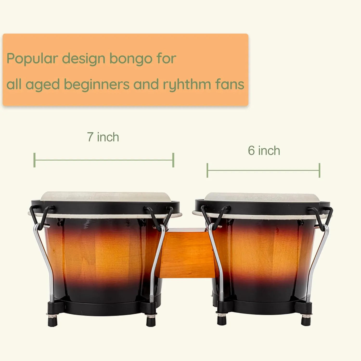 BAHAMUT Bongo Drum Set, 6" 7" Wooden Bongos Gift for Adults & Kids Beginners, Ideal Percussion for Education and Practice, Comes with Tuning Wrench & Waterproof Bag