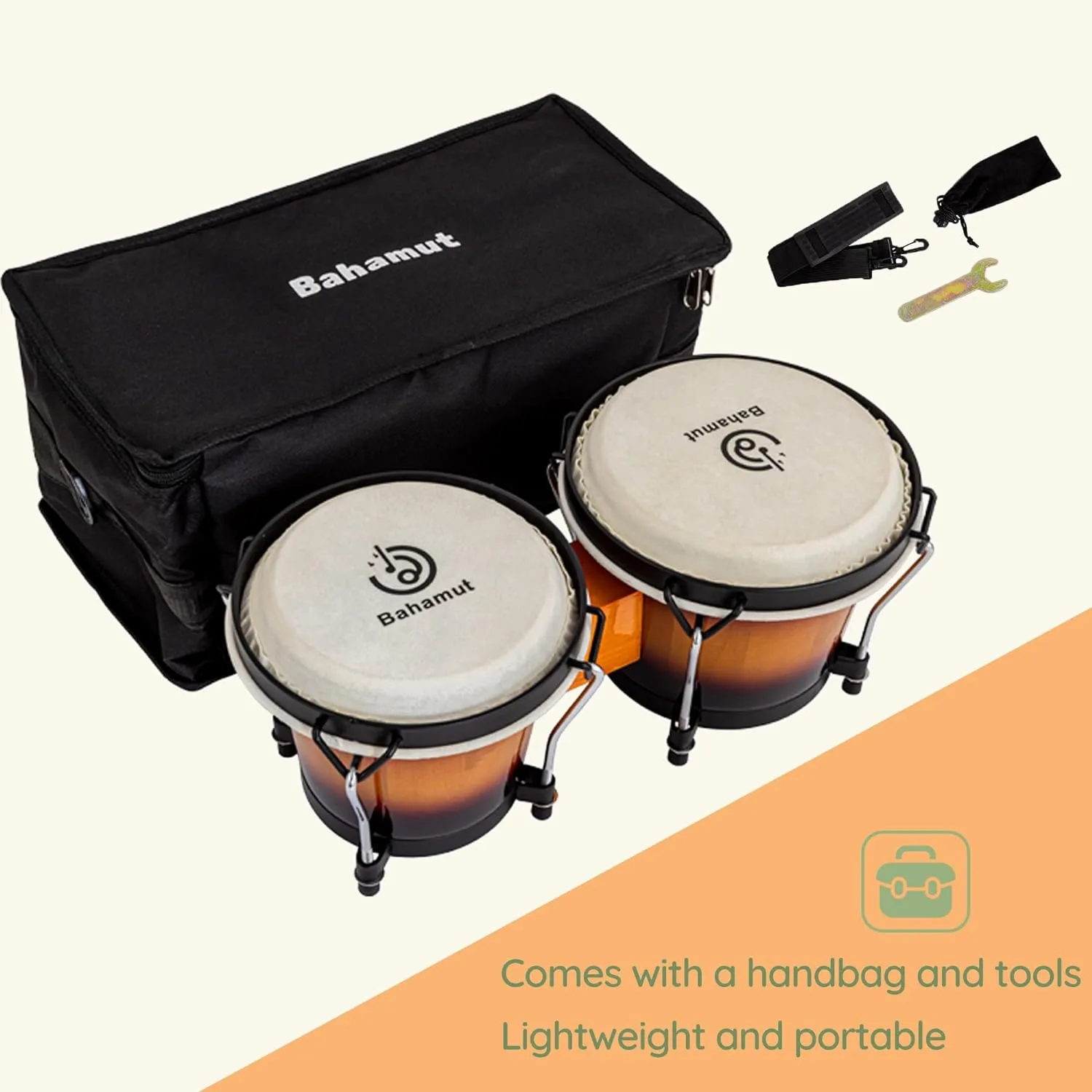 BAHAMUT Bongo Drum Set, 6" 7" Wooden Bongos Gift for Adults & Kids Beginners, Ideal Percussion for Education and Practice, Comes with Tuning Wrench & Waterproof Bag