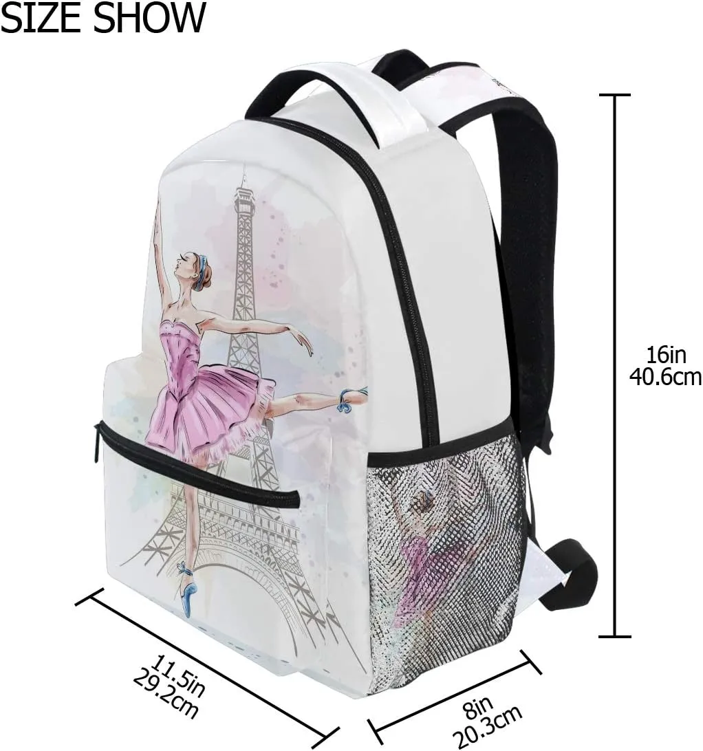 Ballerina Eiffel Tower School Backpack , Ballet Dancer Bookbag Schoolbag Daypacks Shoulder Bag Laptop Bag for Teens Kids Boys Girls