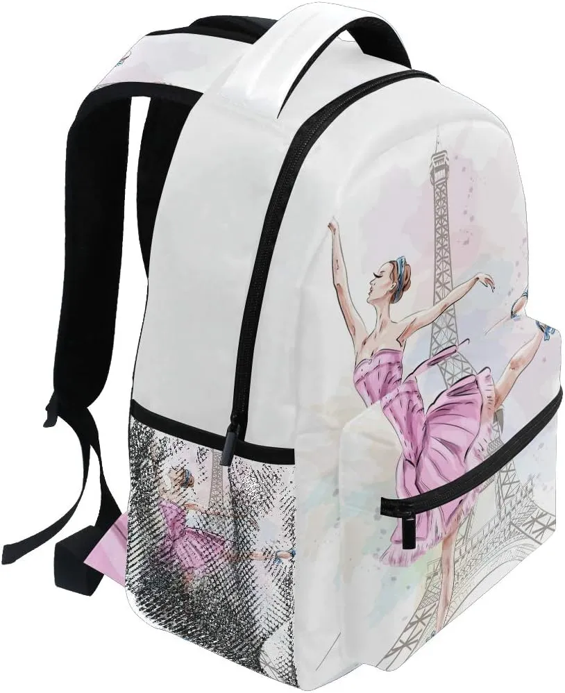 Ballerina Eiffel Tower School Backpack , Ballet Dancer Bookbag Schoolbag Daypacks Shoulder Bag Laptop Bag for Teens Kids Boys Girls