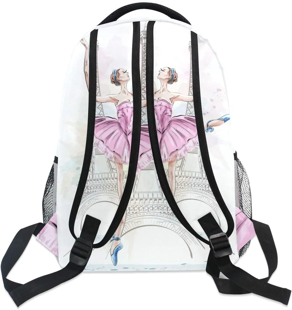 Ballerina Eiffel Tower School Backpack , Ballet Dancer Bookbag Schoolbag Daypacks Shoulder Bag Laptop Bag for Teens Kids Boys Girls