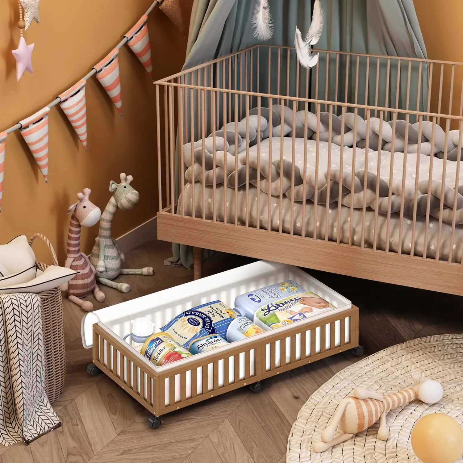 Bamboo Under Bed Storage Containers with Wheels, 1 Pack Large Under the Bed Shoe Storage Bins, Wood Rolling Underbed Drawers Organizer for Bedroom Closet Clothes Blanket Under Crib Toy Walunt