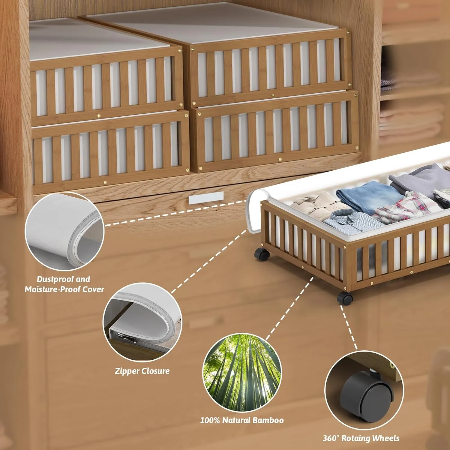 Bamboo Under Bed Storage Containers with Wheels, 1 Pack Large Under the Bed Shoe Storage Bins, Wood Rolling Underbed Drawers Organizer for Bedroom Closet Clothes Blanket Under Crib Toy Walunt