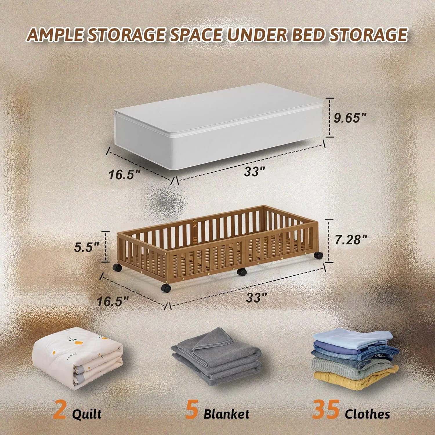 Bamboo Under Bed Storage Containers with Wheels, 1 Pack Large Under the Bed Shoe Storage Bins, Wood Rolling Underbed Drawers Organizer for Bedroom Closet Clothes Blanket Under Crib Toy Walunt