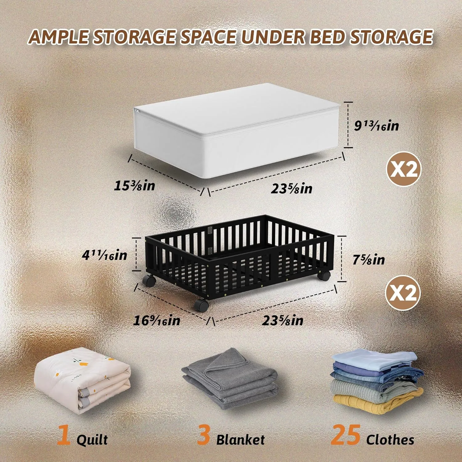 Bamboo Under Bed Storage Containers with Wheels, 2 Pack Under the Bed Shoe Storage Bins, Wood Rolling Underbed Drawers Organizer for Bedroom, Closet, Clothes Blanket Comforter and Under Crib Toy Black
