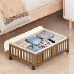 Bamboo Under Bed Storage Containers with Wheels, Rolling Under the Bed Shoe Storage Bins, Wood Stackable Underbed Drawers with Bag Organizer for Bedroom Closet Clothing Under Crib Toy Walnut 1PCS