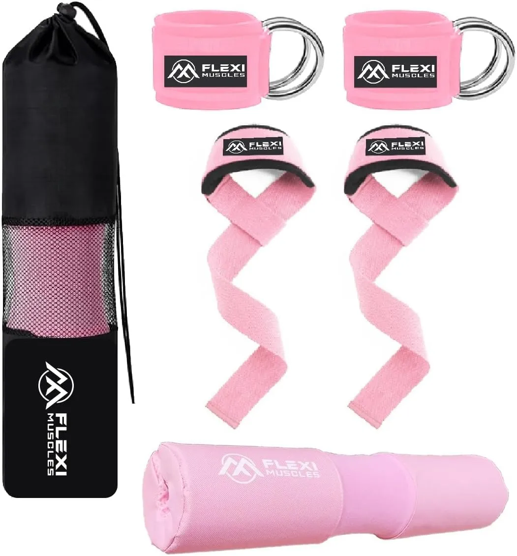 Barbell Pad, Ankle Straps, and Lifting Straps Combo - Ultimate Comfort & Support for Weightlifting, Squats, Hip Thrusts, and Strength Training.