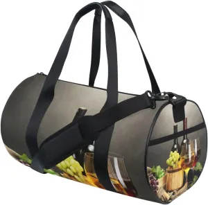 Barrel, Bottles, Wine Glasses, Ripe Grapes on Wooden Table Portable Gym Bag, Travel Bag, Luggage bag, Sports Bag, Toiletry Bag with Handles, Detachable Shoulder Strap 17.6 x 9 x 9 inch