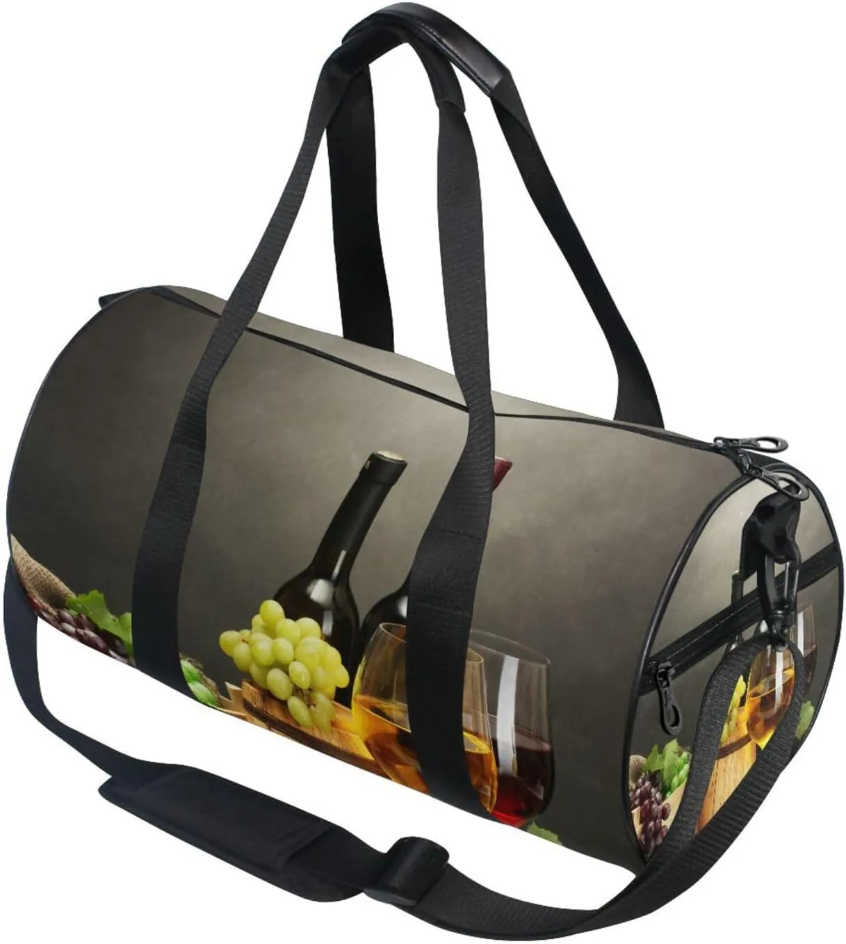 Barrel, Bottles, Wine Glasses, Ripe Grapes on Wooden Table Portable Gym Bag, Travel Bag, Luggage bag, Sports Bag, Toiletry Bag with Handles, Detachable Shoulder Strap 17.6 x 9 x 9 inch