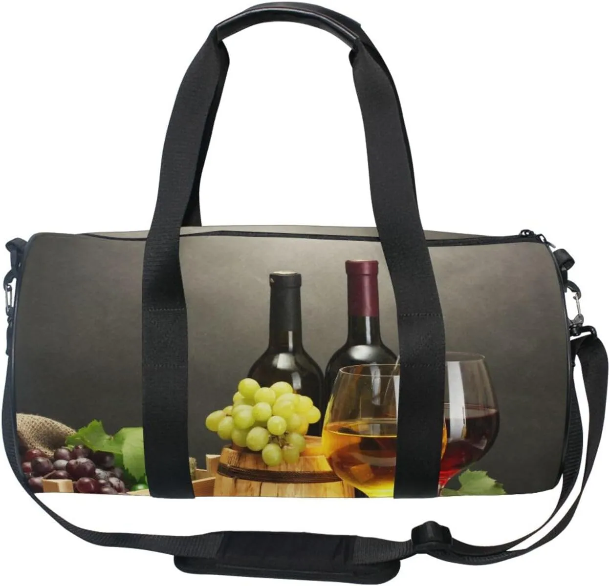 Barrel, Bottles, Wine Glasses, Ripe Grapes on Wooden Table Portable Gym Bag, Travel Bag, Luggage bag, Sports Bag, Toiletry Bag with Handles, Detachable Shoulder Strap 17.6 x 9 x 9 inch