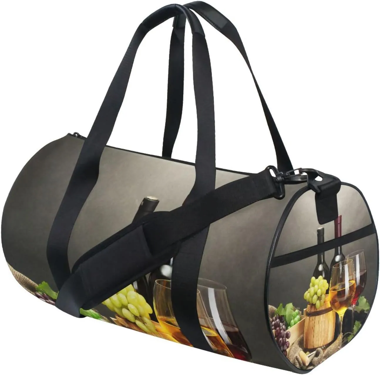 Barrel, Bottles, Wine Glasses, Ripe Grapes on Wooden Table Portable Gym Bag, Travel Bag, Luggage bag, Sports Bag, Toiletry Bag with Handles, Detachable Shoulder Strap 17.6 x 9 x 9 inch