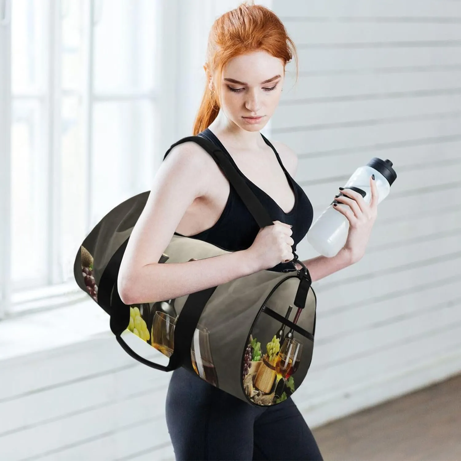 Barrel, Bottles, Wine Glasses, Ripe Grapes on Wooden Table Portable Gym Bag, Travel Bag, Luggage bag, Sports Bag, Toiletry Bag with Handles, Detachable Shoulder Strap 17.6 x 9 x 9 inch
