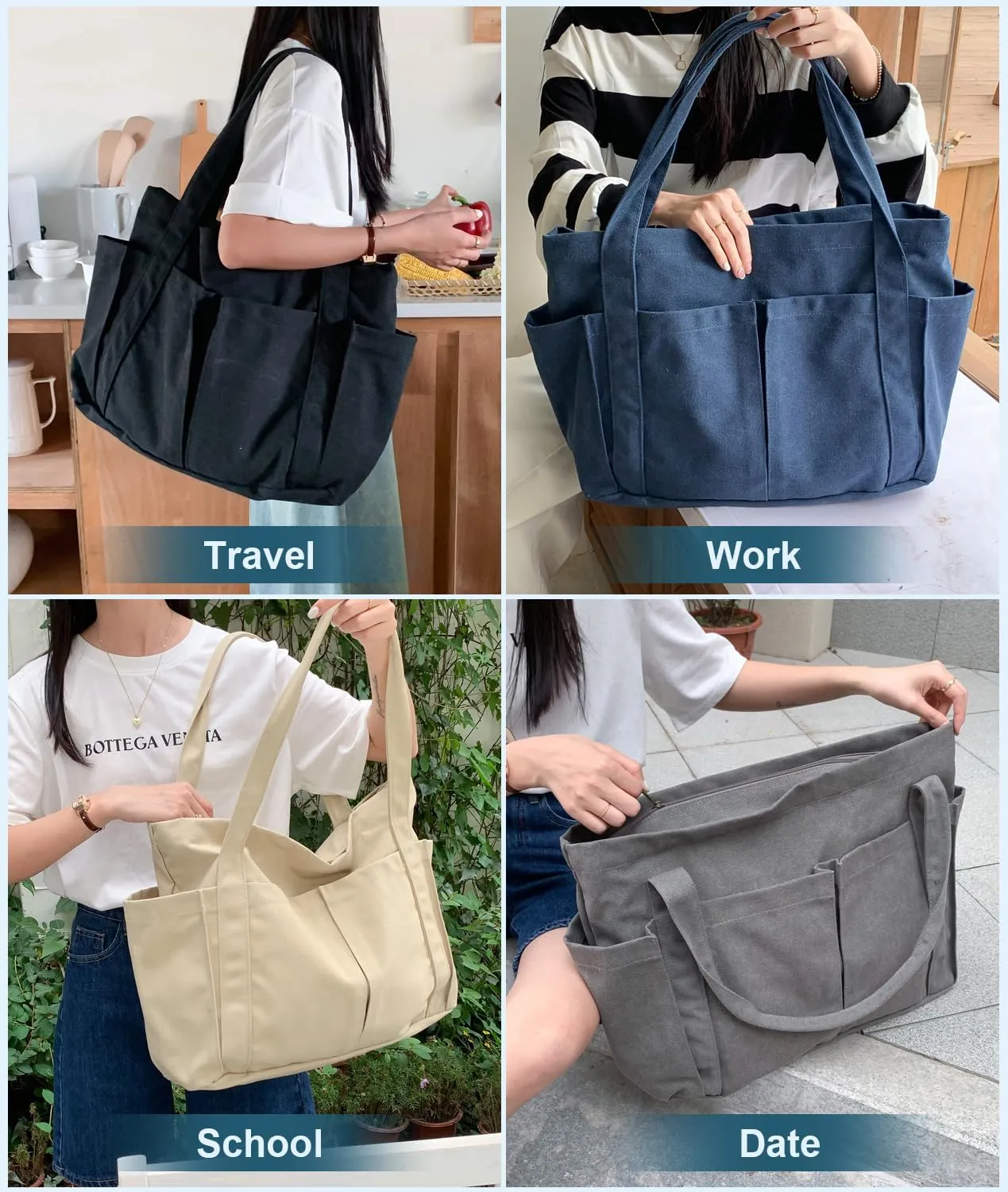 Barsine Large Canvas Tote for Women, Travel Shoulder Bag Top Handle Handbag with Pockets for Gym, Work, Travel