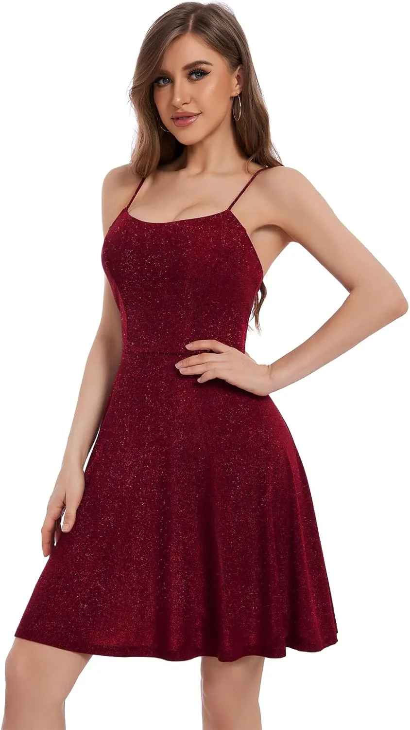 Bbonlinedress Spaghetti Straps Sparkly Homecoming Dress Fit and Flare Glitter Mini Swing Semi Formal Prom Party Club Dress