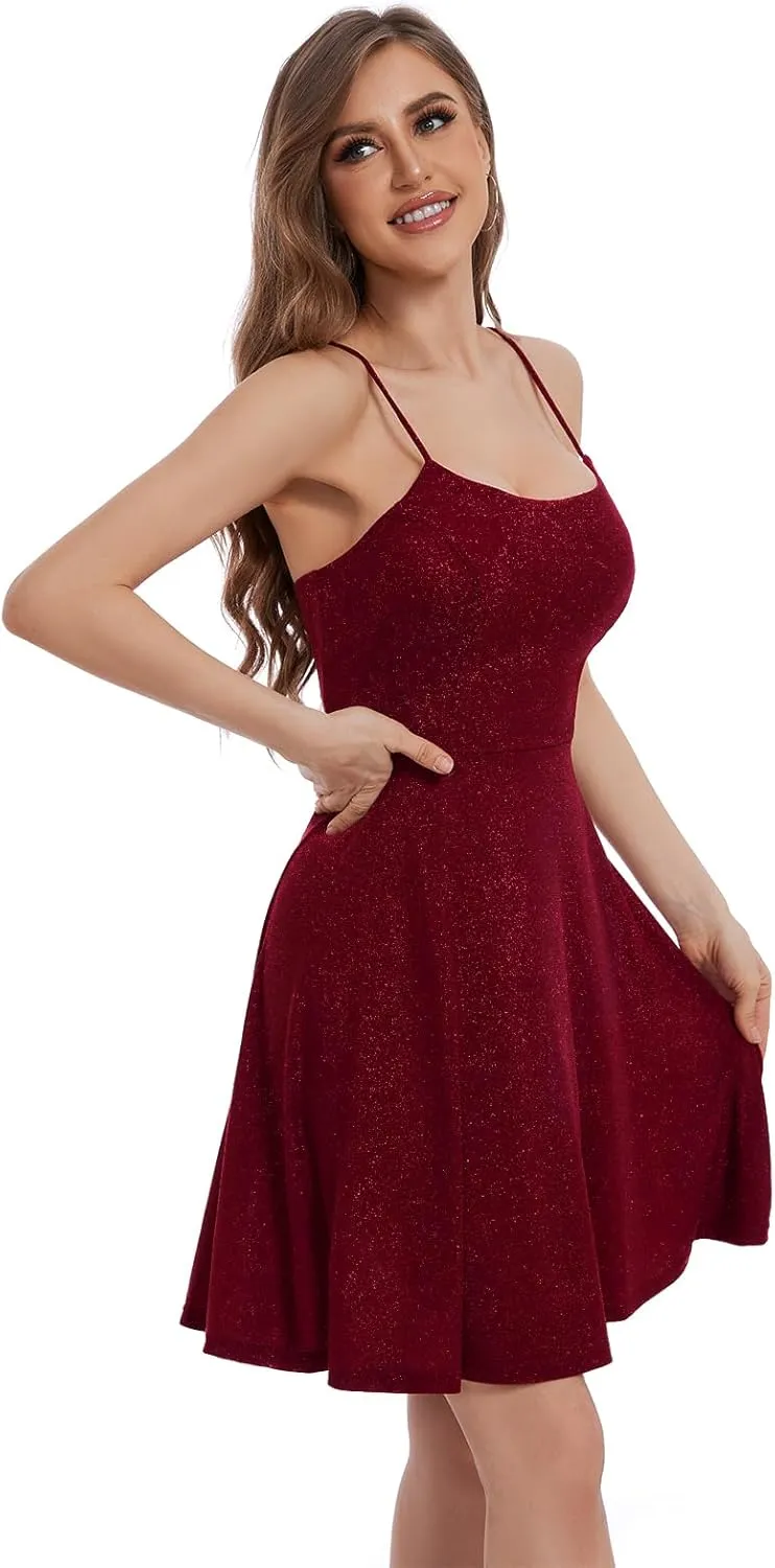 Bbonlinedress Spaghetti Straps Sparkly Homecoming Dress Fit and Flare Glitter Mini Swing Semi Formal Prom Party Club Dress