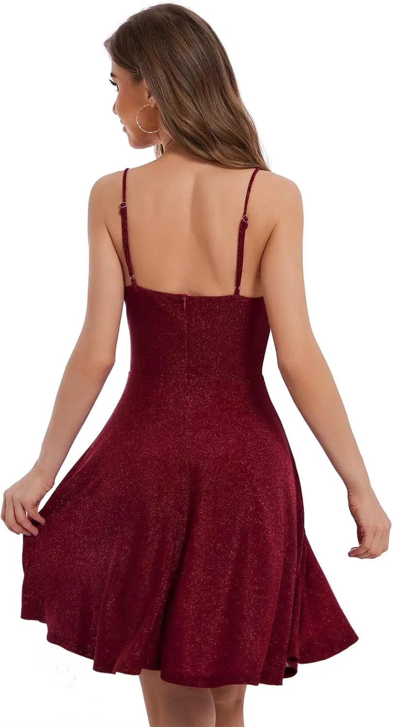 Bbonlinedress Spaghetti Straps Sparkly Homecoming Dress Fit and Flare Glitter Mini Swing Semi Formal Prom Party Club Dress