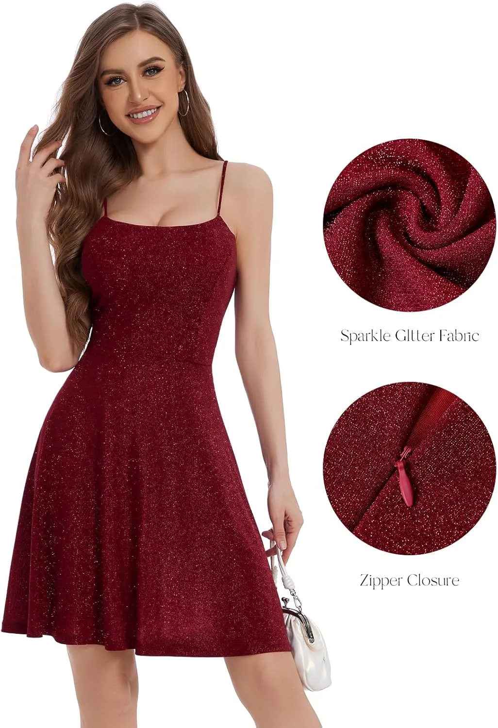 Bbonlinedress Spaghetti Straps Sparkly Homecoming Dress Fit and Flare Glitter Mini Swing Semi Formal Prom Party Club Dress