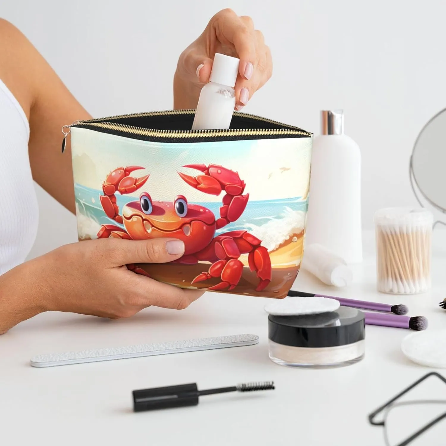 Beach Crab Makeup Bag Waterproof Cosmetic Bag Organizer Small Make Up Zipper Pouch Portable Travel Toiletry Bag For Women Girls
