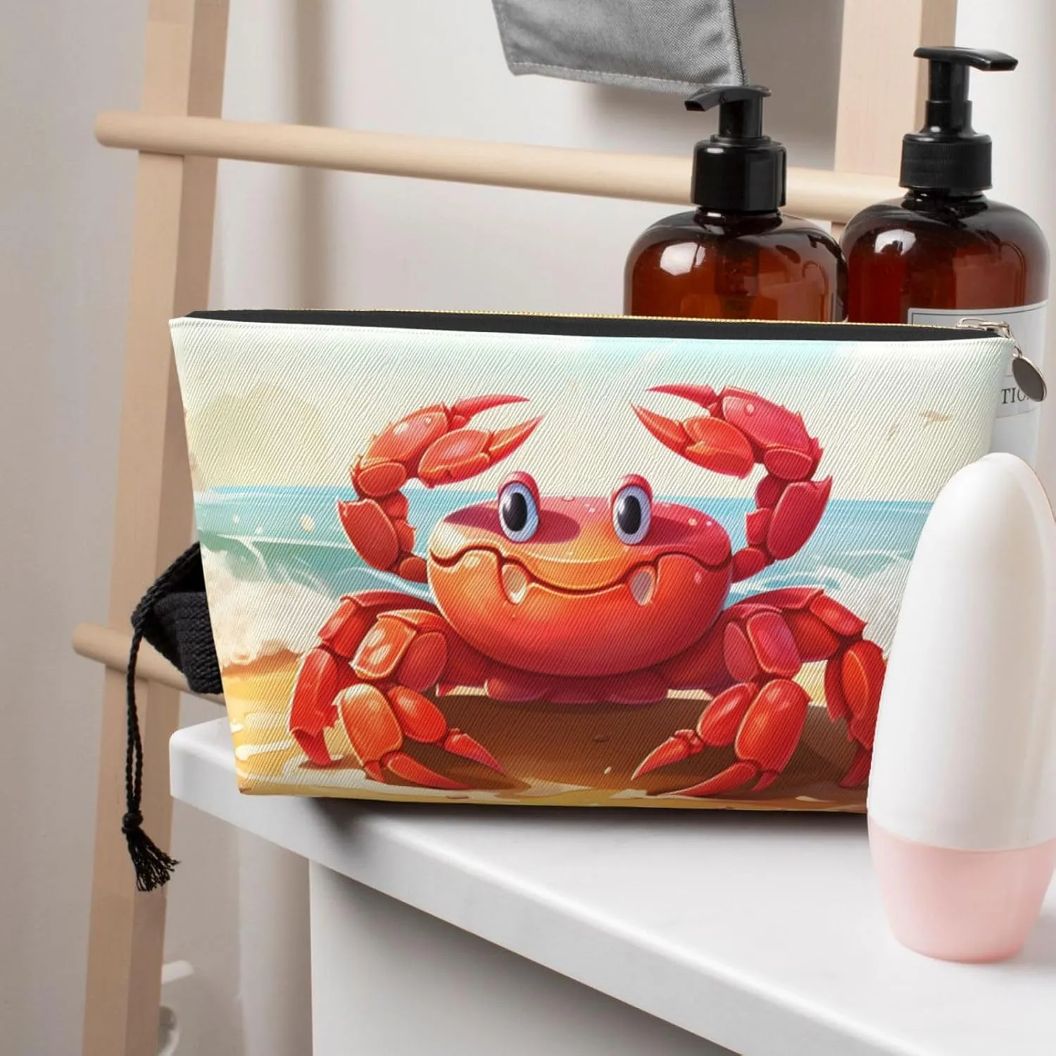 Beach Crab Makeup Bag Waterproof Cosmetic Bag Organizer Small Make Up Zipper Pouch Portable Travel Toiletry Bag For Women Girls