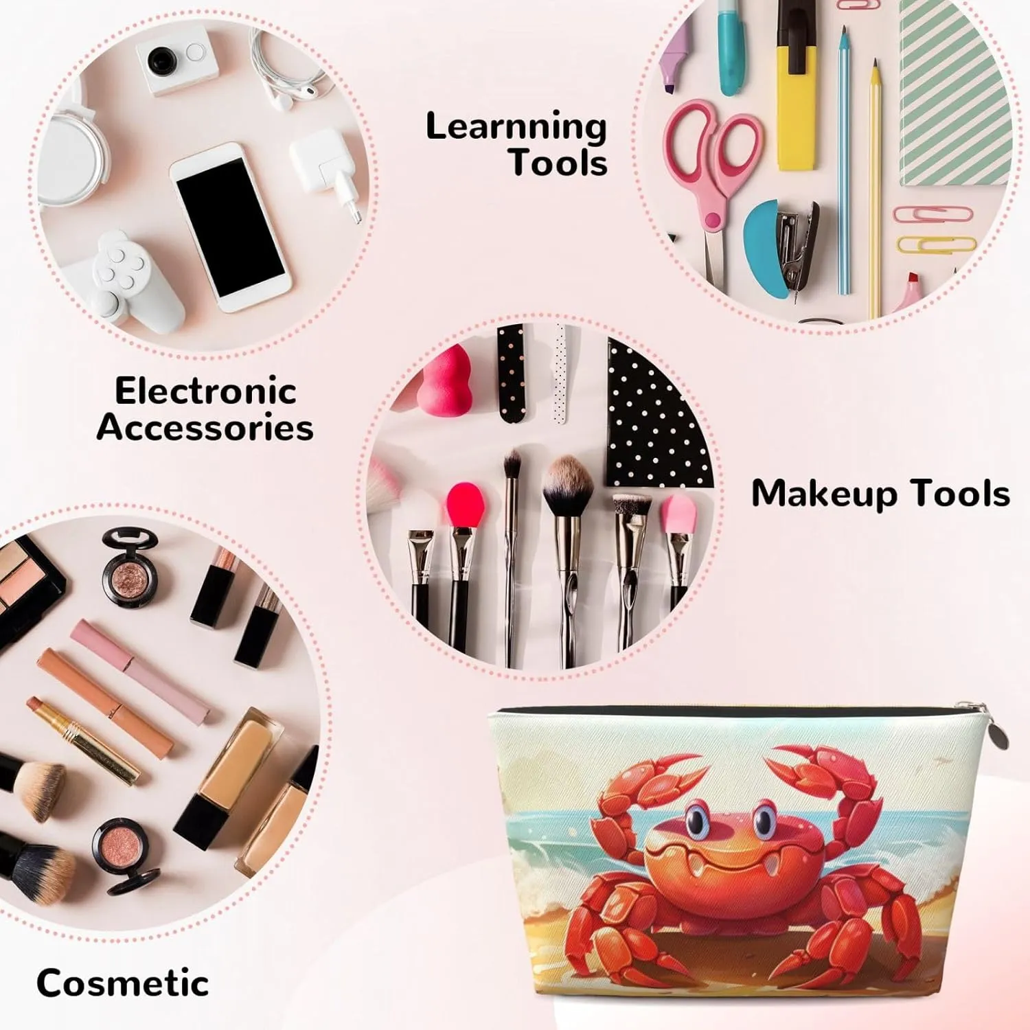 Beach Crab Makeup Bag Waterproof Cosmetic Bag Organizer Small Make Up Zipper Pouch Portable Travel Toiletry Bag For Women Girls