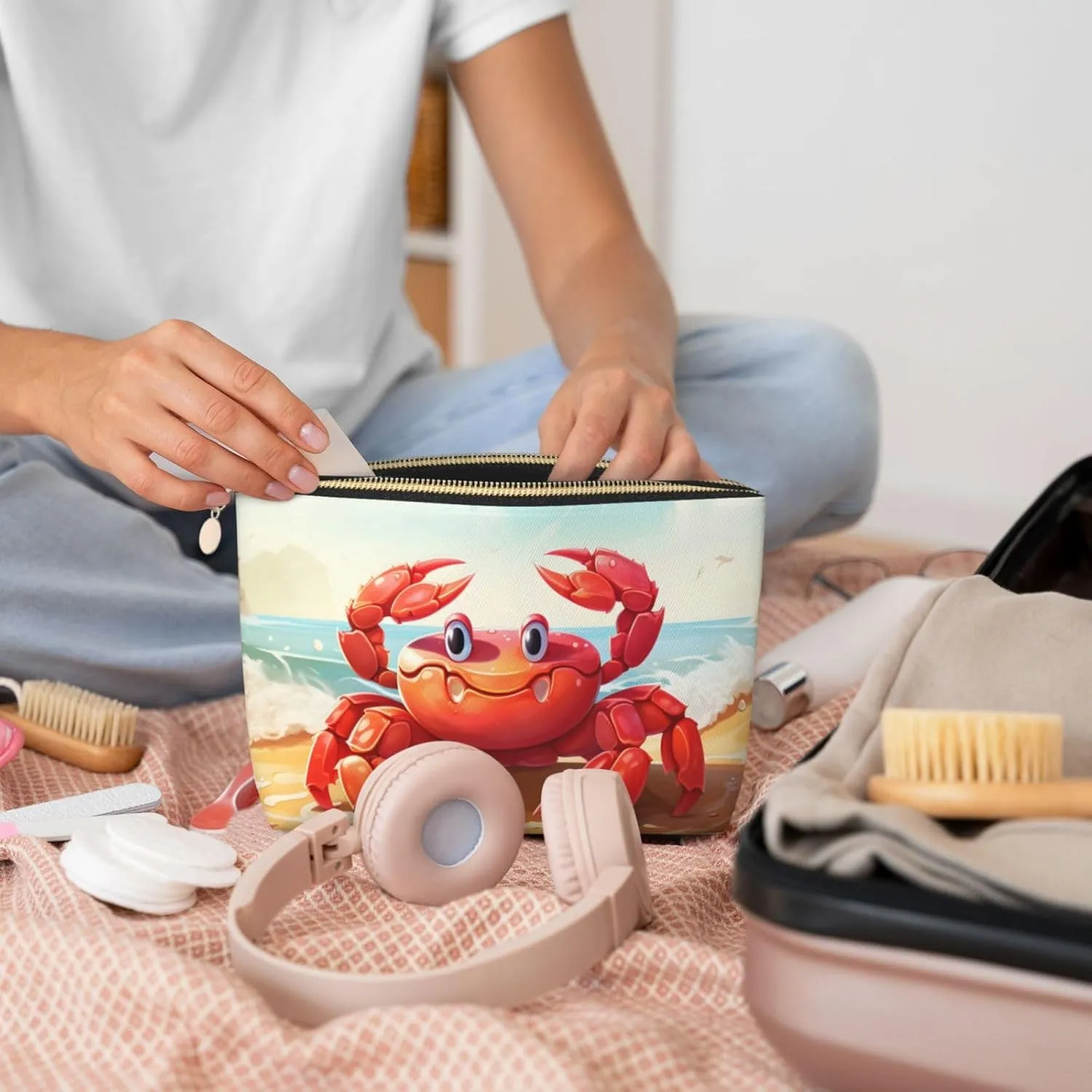 Beach Crab Makeup Bag Waterproof Cosmetic Bag Organizer Small Make Up Zipper Pouch Portable Travel Toiletry Bag For Women Girls