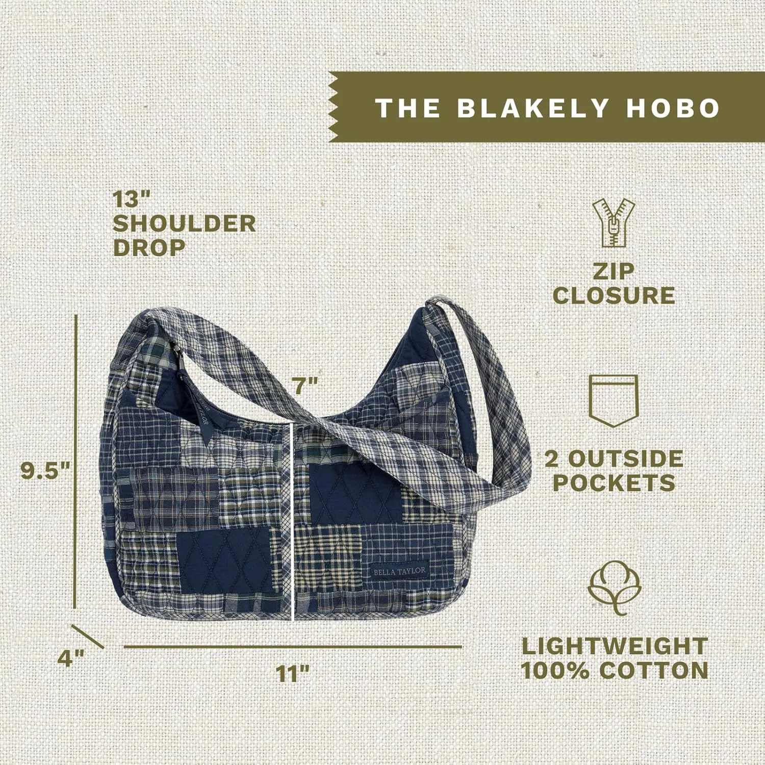 Bella Taylor Blakely - Hobo Shoulder Bag for Women - Lightweight Quilted Fabric Purse with Pockets