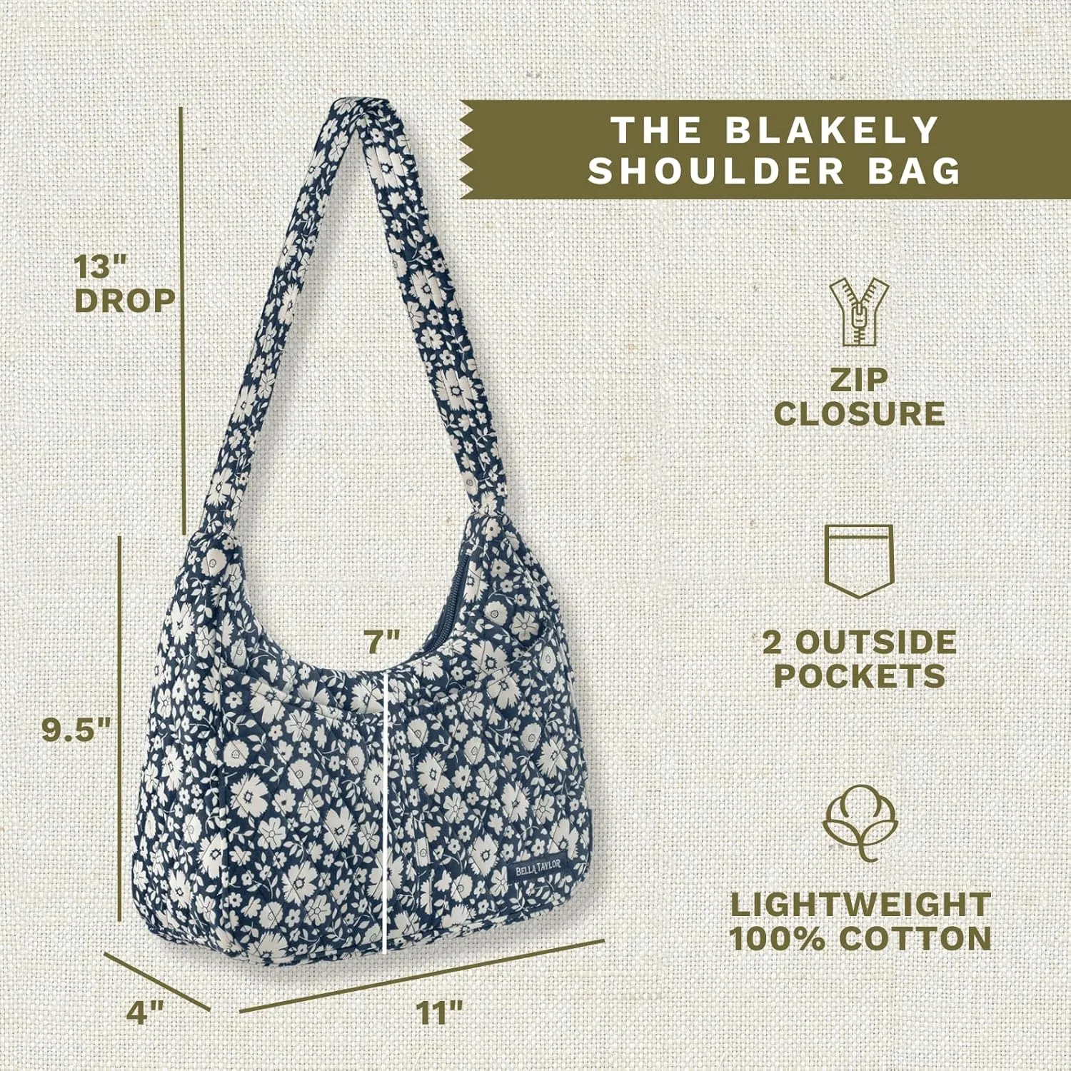 Bella Taylor Blakely - Hobo Shoulder Bag for Women - Lightweight Quilted Fabric Purse with Pockets