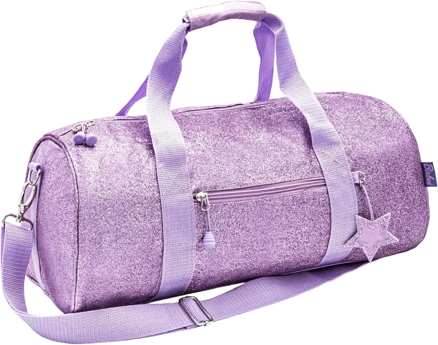 Bixbee Small Kids Duffle Bag, Dance Bag & Travel Bag for Sports, Gymnastics and Ballet with Zipper, Pockets, and Flake-Resistant Glitter Design - Dance Bag for Girls & Boys in Sparkalicious Purple